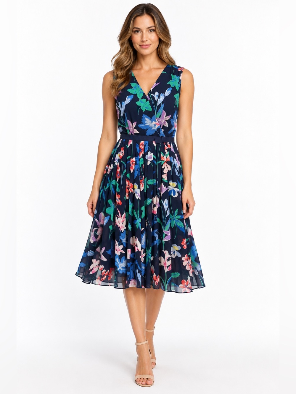 Talbots Petites Navy Floral Pleated Fit & Flare Midi Dress Sleeveless V Neck 6P